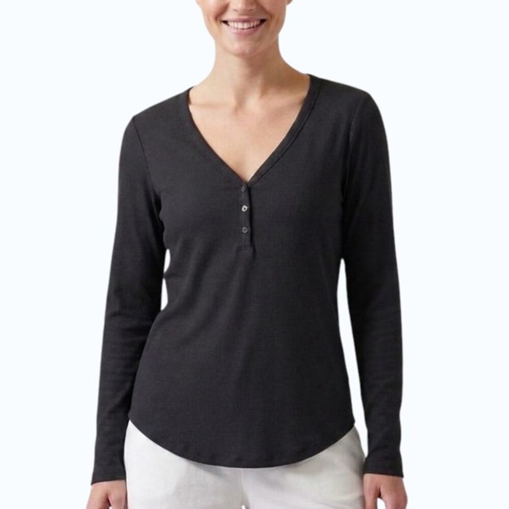 Athleta Wind Down Sleep Top Black Ribbed Henley Women Size M NWT